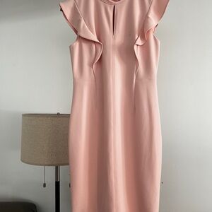 DKNY Soft Pink Midi Dress with Ruffle Sleeves